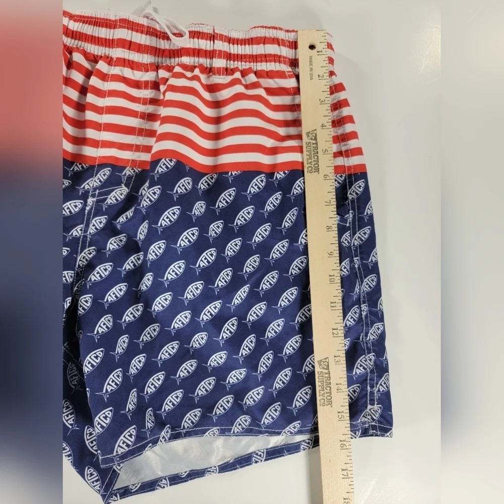AFTCO Swim Trunks Mens Large Blue Red White USA Flag Print Bathing Suit Shorts